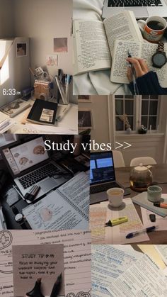 a collage of photos with books, papers, and laptops on top of a desk