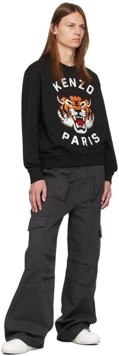 French terry sweatshirt. · Rib knit crewneck, hem, and cuffs · Logo graphic appliqués at front Supplier color: Black Lucky Tiger, Kenzo Sweatshirt, Varsity Sweatshirt, Varsity Hoodie, Kenzo Paris, Orange Hoodie, Black Activewear, Knit Crewneck, Full Zip Hoodie