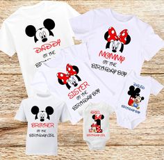 three shirts with mickey and minnie mouse on them, one is for the birthday boy