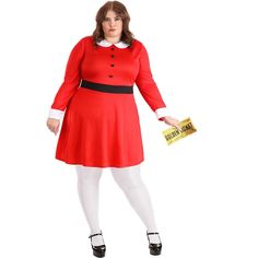 a woman in a red dress and white tights is posing for the camera with her hands on her hips