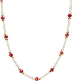 Adjustable Beaded Gold-plated Necklaces, Red Ruby Bead Necklaces, Red Beaded Ruby Necklace, Red Single Strand Long Necklace, Gold Ruby Single Strand Jewelry, Red Ruby Necklace With Polished Beads, Elegant Red Jewelry With Spacer Beads, Elegant Red Beaded Chain Necklace, Red Ruby Beaded Necklaces For Jewelry Making