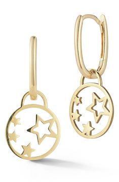 Star shapes add celestial styling to huggie-hoop earrings crafted from 14-karat gold. 1" drop Hinge with snap-post closure 14k gold Made in Turkey Celestial Yellow Gold Huggie Jewelry, Celestial Style Yellow Gold Huggie Jewelry, Celestial Yellow Gold Tarnish-resistant Hoop Earrings, 14k Gold Celestial Hoop Earrings, 14k Gold Huggie Earrings With Charms, Yellow Gold Hoop Earrings With Charms In 14k Gold, Celestial 14k Yellow Gold Hoop Earrings, Celestial Style 14k Yellow Gold Hoop Earrings, Yellow Gold 14k Hoop Earrings With Charms