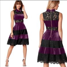 Nwt Venus Velvet And Lace Purple Black Combination Party Dress In Size 10. Never Worn! Brand New In Packaging. Excellent Condition And Quality! Polyester. Beautiful Satin Lining From Waist Down. Gold Tone Back Zipper And Hook Closure. Really Gorgeous And Unique Style! See Measurements In Pictures. Bundle And Save Party Dress With Lace Patchwork, Knee-length, Knee-length Party Dress With Lace Patchwork, Knee-length Lace Patchwork Party Dress, Purple A-line Dress For Night Out, Purple Lace Mini Dress For Party, Purple Sleeveless Midi Dress For Evening, Fitted Purple Midi Dress For Night Out, Purple Fitted Midi Evening Dress, Party Mini Dress With Lace Patchwork, Midi Length