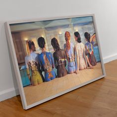 a painting of five women standing in front of a swimming pool with their backs to the camera