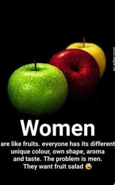 two apples and an apple with the words women on it, in front of a black background