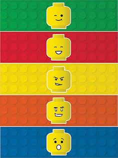 four legos with different faces on each one, and the other three are yellow