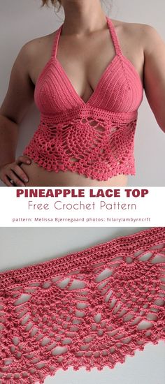 Pineapple Lace Top Crochet Halter Tops Free, Crochet Halter Top Pattern Free, Crop Tops Crochet, Crochet Halter Top Pattern, Halter Top Pattern, Crochet Lingerie, Lacy Crochet, Bralette Pattern, Crochet Crop Top Pattern