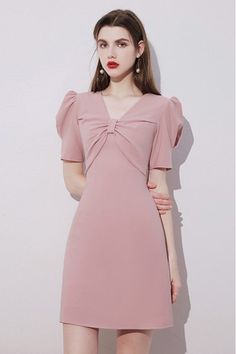 Shop cute pink short homecoming party dress vneck with bubble sleeves online. Sheprom offers formal, party, casual & more style dresses to fit your special occasions. Simple Formal Dress, Pink Dress Outfits, Pink Dress Short, Homecoming Party, Classy Prom Dresses, Stylish Short Dresses, Pink Dress Casual, Pink Formal Dresses