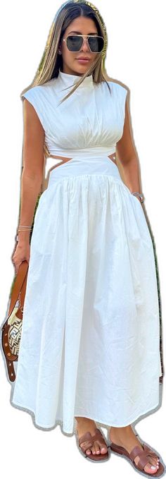 White Relaxed Fit Dress With Button Closure, White Sleeveless Maxi Dress With Button Closure, Chic White Tiered Dress With V-neck, Feminine Off-white Short Sleeve Maxi Dress, Chic Off-white Cotton Maxi Dress, Rainbow Crystal, Dress Backs, Cut Out, High Neck Dress