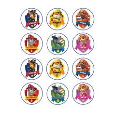 paw patrol cupcake toppers are shown in various shapes and sizes, including the logo