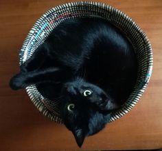 a black cat laying in a basket on top of a wooden table