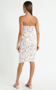 Lace To Lace Dress In White Lace | Showpo Delicate Lace Strapless Party Dress, Strapless Delicate Lace Party Dress, White Lace Bodycon Dress For Date Night, White Lace Bodycon Dress For Night Out, Lace Strapless Bodycon Dress, Elegant Lace Bodycon Dress With Spaghetti Straps, Strapless Lace Bodycon Dress, Elegant Strapless Dress With Delicate Lace, Elegant Strapless Lace Dress For Date Night