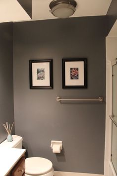 a bathroom with two pictures on the wall and a toilet in the corner next to it