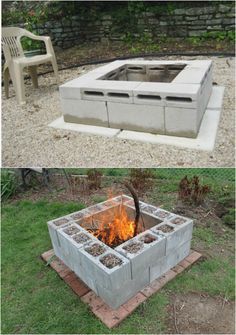 an outdoor fire pit made out of cinder blocks