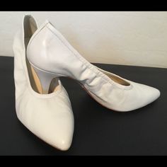 Beautiful Soft White/Light Grey Heels. Approximate Height 3 1/4 Inches. Comfy Stretch At Opening And Pointed Toe. Small Blemish On Heel. See Photo. White Summer Court Shoes With Padded Heel, Classic White Court Shoes With 4-inch Heel, White Court Shoes With Padded Heel For Summer, White Almond Toe Court Shoes For Spring, White Almond Toe Court Shoes, White Medium Width Evening Heels, White Medium Width Heels For Evening, Classic White Heels With Medium Width, White Almond Toe Court Shoes For Office