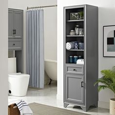 a bathroom with a gray cabinet and toilet