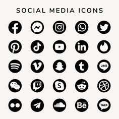 black and white social media icons on a white background with the words social media icons above them