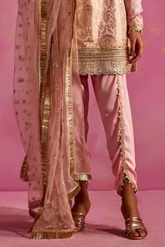 Blush pink georgette and banarasi brocade kurta with floral woven pattern and sequins, lace and beaded embroidery. Comes with tulip pant and a dupatta. - Aza Fashions Pink Georgette Palazzo Set With Sheer Dupatta, Pink Silk Sets With Dupatta, Pink Silk Set With Dupatta, Elegant Pink Traditional Wear With Sheer Dupatta, Pink Georgette Kurta With Dabka Work, Pink Georgette Sharara With Sheer Dupatta, Elegant Semi-stitched Pink Churidar, Pink Festive Sharara With Sheer Dupatta, Festive Pink Sharara With Sheer Dupatta