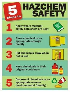 the five steps to hazchem safety poster is shown in red and green