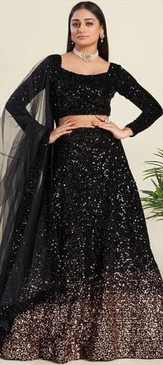 Black and Grey color Lehenga in Velvet fabric with Sequence, Thread work Black Sequin Lehenga, Black Lehenga Choli, Indian Wedding Lehenga, Velvet Lehenga, Black Lehenga, Indian Lehenga Choli, Reception Lehenga, Floral Lehenga, Blouse Details