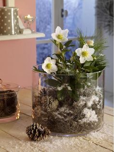 a glass vase filled with snow and flowers on top of a wooden table next to a pine cone