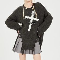 𝔇𝔢𝔱𝔞𝔦𝔩𝔰: Style: Darkwear, Streetwear, Gothic Material: Acrylic 'Promise' Buckle Cross Ripped Sweater is a punk-style ripped sweater that features the cross pattern & buckle design, it is comfy and oversized for all body sizes. Get free shipping with a purchase of over 80 $ at our store SIZE LENGTH SHOULDER CHEST SLEEVES 28 in 25 in 52 in 13 inM 29 in 25 in 54 in 14 inL 29 in 26 in 55 in 14 inXL 30 in 26 in 57 in 15 inItem measured by hands may have 1-2 in differences.SIZE LENGTH SHOULDER CHES... Ripped Sweater, Punk Style, Crop Top Sweater, Swimwear Outfit, New Tops, Bottom Clothes, Sweater Blouse, Matching Dresses, The Cross