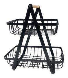 a black metal rack with two wooden handles