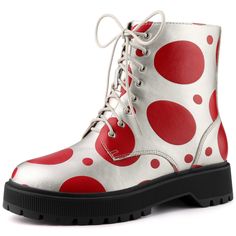 Shop Allegra K for polka dots platform zipper lace up combat disco boots you are looking for, get more women's platform/wedge for yourelf. Order now! Free Returns! Disco Boots, Heel Combat Boots, Heeled Combat Boots, Strappy Platform Heels, Boots Silver, Platform Combat Boots, Chunky Heels Casual, Red Platform, Lace Up Combat Boots