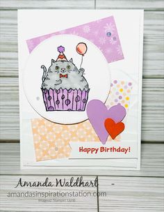 a happy birthday card with a cupcake and cat on the top, surrounded by hearts