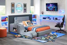 Includes attachable nightstand and lounger. Fun Boys Bedroom Ideas, Boys Bedroom Sets, Green Boys Room, Futuristic Bedroom, Cool Bedrooms For Boys, Blue Gray Bedroom, Gaming Bedroom, Bed Idea, Teenager Bedroom Boy