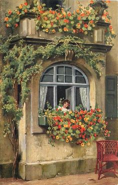 a painting of a woman looking out the window with flowers on it and a red chair