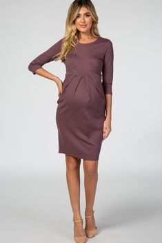 Purple 3/4 Sleeves Front Pleated Maternity Dress Maternity Business Attire, Professional Maternity Outfits, Maternity Office Wear, Casual Maternity Dress, Maternity Work Clothes, Maternity Dresses For Baby Shower, Cute Maternity Outfits, Stylish Mom, Trendy Maternity