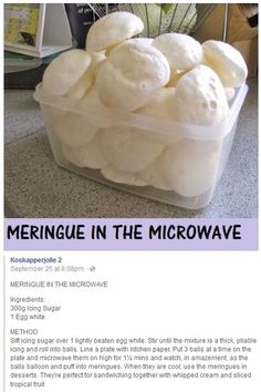 a container full of meringue in the microwave with text overlay that reads, meringue in the microwave