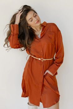 sandi satin button down dress – mode Satin Button Down Dress, Silky Satin Dress, Wide Leg Linen Trousers, Tube Jumpsuit, Date Night Dress, Gold Belt, Zippered Sweater, Rust Dress, Satin Maxi