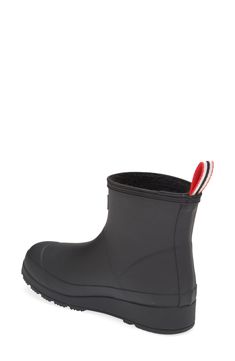 This lightweight version of a classic Hunter rain boot retains all the style and waterproof practicality of the original, in a streamlined, updated silhouette. Soft and fuzzy faux shearling means extra warmth and striped pull-tab adds a pop of color. 1 1/4" heel Waterproof: protects against rain, puddles and slush to keep feet dry in wet conditions Removable insole In hot or humid weather, natural latex rubber releases a protective wax film; simply wipe it off with a damp cloth A pristine finish Winter Weatherproof Rain Boots, Weatherproof Winter Ankle Rain Boots, Weatherproof Ankle Rain Boots For Winter, Insulated Rain Boots For Winter And Rainy Weather, Insulated Rain Boots For Winter, Insulated Black Ankle Rain Boots, Black Slip-resistant Waterproof Boots For Rainy Weather, Black Slip-resistant Rain Boots For Rainy Season, Black Slip-resistant Rain Boots