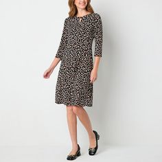 This Studio 1 women's fit and flare dress is a sophisticated style to wear to the office or drinks with friends. It features a geometric dot print, a keyhole cut-out adorned with gold-tone hardware and 3/4 sleeves. Wear it with pointed-toe pumps. Closure Type: Pullover HeadNeckline: Keyhole NeckSleeve Length: 3/4 SleeveApparel Length: 43.5 InchesDress Length: Knee LengthFiber Content: 95% Polyester, 5% SpandexFabric Description: ItyLining Material: PolyesterCare: Machine Wash, Tumble DryCountry Flare Dresses, Small Dresses, Fall Clothing, Medium Dress, Large Dress, Small Dress, Fit N Flare Dress, Dot Print, Sophisticated Style