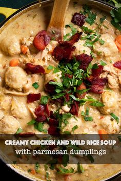 creamy chicken and wild rice soup with parmesan dumplings in a skillet