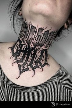 a woman wearing a neck tattoo with the word's name on it