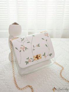 BirdinBag - Clear Square Bag with Flower Embroidery and Twist Lock Flap Spring Floral Print Crossbody Bag, Spring Embroidered Rectangular Shoulder Bag, Embroidered Rectangular Shoulder Bag For Spring, White Embroidered Shoulder Bag, Summer White Bag With Floral Embroidery, Spring Rectangular Bag With Floral Embroidery, Spring Rectangular Shoulder Bag With Floral Embroidery, Spring Embroidered Handheld Shoulder Bag, Rectangular Bags With Floral Embroidery For Spring