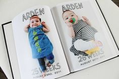 an open book with two baby pictures on it