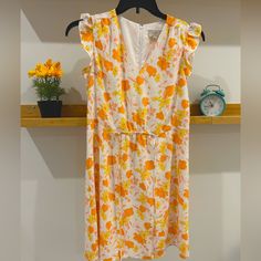 New Loft Dress, White With Orange And Yellow Gorgeous Flowers, Ruffle Sleeves, And A Very Nice V Neck! Brand New With Tags-Never Worn!! Spring Summer Dress With Butterfly Sleeves, White Summer Dress With Butterfly Sleeves, Casual Printed Dress With Flutter Sleeves, Casual Butterfly Sleeve Dresses For Brunch, Casual Dresses With Butterfly Sleeves For Brunch, Casual Flutter Sleeve Sundress For Spring, White Casual Mini Dress With Ruffle Sleeves, White Summer Dress With Flutter Sleeves, White Flowy Dress With Butterfly Sleeves