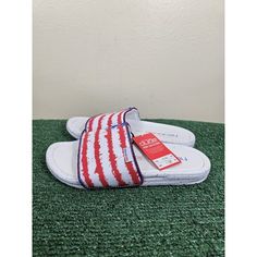 Hey Dude Women's Peggy Flag Usa Comfort Slip On Slides Sandals Size 9 New With Tag No Box Include Please See Pictures For Details Sold As Pictured The Pair You See In The Pictures Is The Pair You Are Going To Receive Please Check Out Our Inventory As We Always Update Our Inventory Please Reach Out To Us If You Have Any Questions Or Problems With Your Order Thank You For Shopping! White Textile Sandals For Spring, Casual Red Sandals With Textured Footbed, Red Slides For Spring Vacation, Red Synthetic Slides For Summer, White Synthetic Slides For Summer, White Synthetic Summer Slides, Red Slides With Cushioned Footbed For Spring, Red Slides For Summer Vacation, Red Slides With Cushioned Footbed For Summer