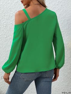 Peilia - Versatile Solid Lantern Sleeve Blouse with Asymmetrical Neckline for Spring & Fall, Womens Fashion Piece Spring Tops With Asymmetrical Neckline In Solid Color, Green One-shoulder Blouse, Green One-shoulder Blouse For Spring, One-shoulder Green Blouse For Spring, Green Asymmetrical Hem Top For Party, Green One-shoulder Summer Blouse, Spring One-shoulder Top In Solid Color, Green Asymmetrical Hem Blouse For Spring, Spring Green Blouse With Asymmetrical Hem