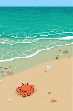 an orange crab sitting on top of a sandy beach next to the ocean with waves