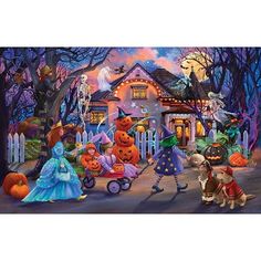 a painting of children dressed up as witches and pumpkins in front of a house