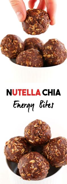 nutella chia energy bites are being held up by someone's hand over a bowl