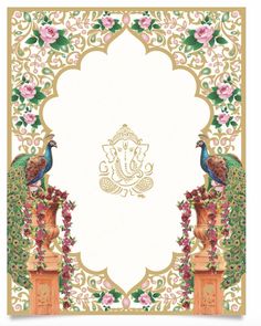 an ornate frame with two peacocks and flowers in the middle, on top of a white