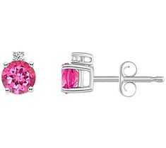 Big on brilliance, these pink topaz stud earrings are petite and sweet. Diamond accents help double up the dazzle. Pink Diamond Earrings With Diamond Accents As Gift, Pink Diamond Earrings With Accents, Gift Pink Diamond Earrings With Accents, Pink Diamond Earrings With Prong Setting For Gift, Pink Cubic Zirconia Earrings With Diamond Accents, Pink Sterling Silver Earrings With Diamond Accents, Pink Diamond Earrings With Prong Setting, Pink Diamond Earrings With Prong Setting For Anniversary, Pink Diamond Gemstone Earrings For Anniversary