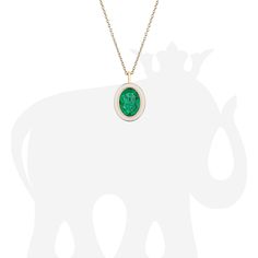 JP0139-EM-ENWH-Y 'Queen' Emerald Oval Pendant with White Enamel in 18K Yellow Gold. Stone Size: 10.3 x 7.5 mm Length: 18 in Approx. gemstone Wt: 2.26 Carats (Emerald) Elegant Oval Cabochon Emerald Necklace, Yellow Gold Oval Necklace With Intaglio, Luxury Oval Emerald Necklace For May Birthstone, Luxury Oval Cameo Necklace, Timeless Oval Intaglio Jewelry, Formal Oval Intaglio Necklace, Luxury 14k Gold Oval Emerald Necklace, Oval White Gold Intaglio Jewelry, Oval Intaglio White Gold Jewelry