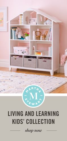 The Martha Stewart Living and Learning White Dollhouse Bookcase features large shelves for storing and displaying toys, books, stuffed animals and dolls. The dollhouse shape and unique doorway details and movable staircase also promotes pretend play using dolls up to 16" tall. Perfect for kids ages 3 and up, this unique wooden storage unit  comes complete with 3 fabric bins. This is the perfect addition in children's bedrooms, playrooms or learning spaces. Grandkids Room, Dollhouse Bookcase, Unique Bookshelves, Kids Doll House, Living Room Playroom, Toddler Kitchen, Fairytale Nursery, Big Girl Bedrooms, Fabric Storage Bins